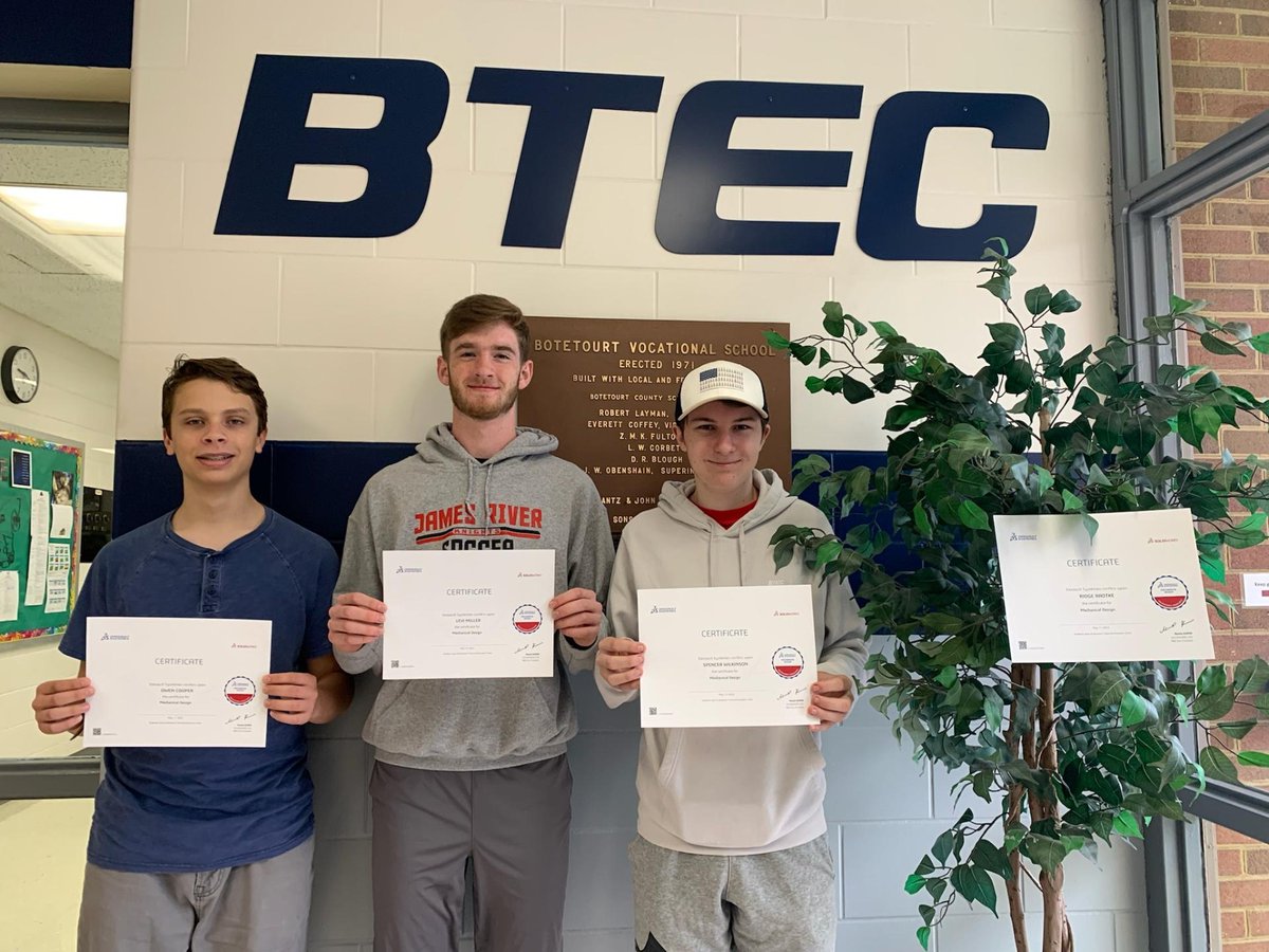 These four students earned the Certified SOLIDWORKS Associate certification. Owen Cooper, Levi Miller, Spencer Wilkinson and Ridge Radtke. Congratulations! 🎉 #ctebtec #engineering #certification #skills #congrats