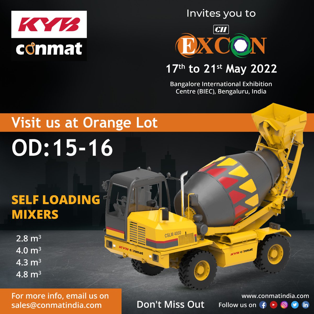 ConmatGroup's tweet photo. KYB-Conmat- India's most diversified concrete equipment manufacturer invites you to EXCON. Self Loading Mixers, Batching plant variants, Stationary Concrete Pump are some of the construction machines going to be exhibited. Visit us at Orange lot OD: 15-16.
#cslm #excon https://t.co/IkZbYXbPFw