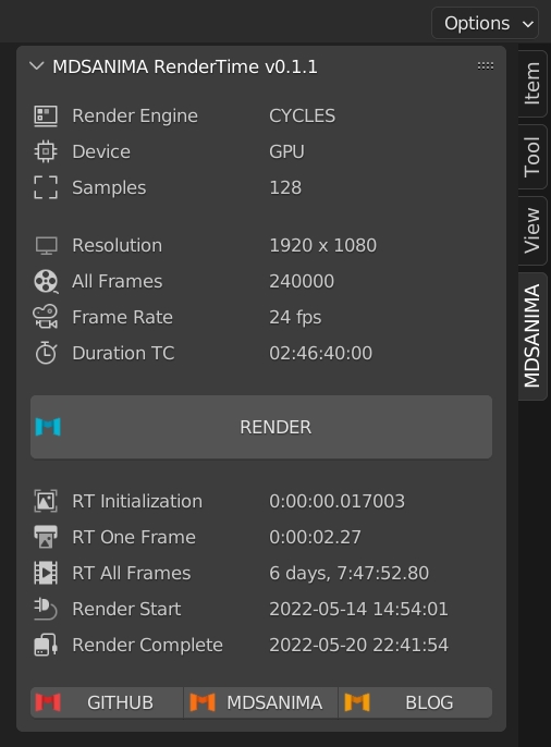 str9led's tweet photo. New release MDSANIMA RenderTime add-on for #blender #b3d #python #opensource #addon
Developed and tested on Blender 3.1.2 and 2.93 LTS version.
Download for #free here:
https://t.co/DLp6qc3lkS https://t.co/AjFZ36OTpK