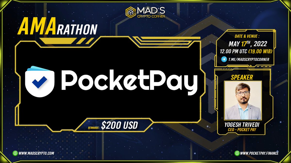 🌟 <a href="/MadsCrypto_/">Mad's 🔶</a> #AMArathon with <a href="/PocketPayFin/">PocketPay</a> ✨

🏰Venue: t.me/MadsCryptoCorn…
💰Pool: 200 in $BUSD
⏰Time: 17/05/2022 12 PM UTC
▶️Detail: t.me/MadsCryptoCrnr…

🛑#AMA Rules:
🔸Follow us &amp; <a href="/PocketPayFin/">PocketPay</a>
🔸Join Telegrams
🔸Like &amp; RT
🔸Comment your questions