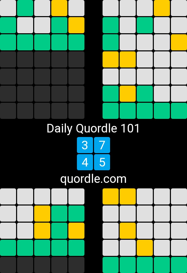 Daily Quordle 101
3️⃣7️⃣
4️⃣5️⃣
quordle.com