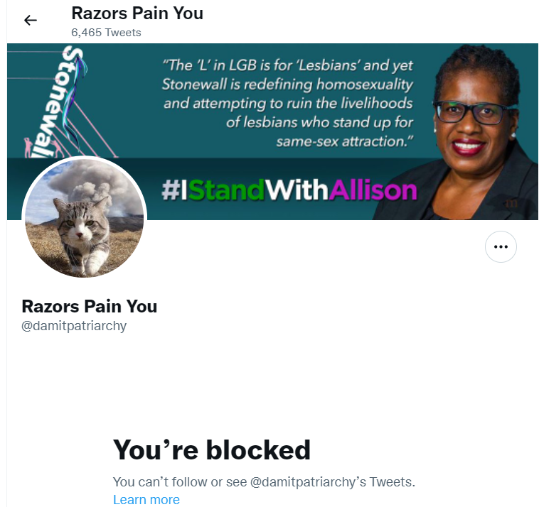 LolsysL's tweet photo. @damitpatriarchy @protransfemnst @blablafishcakes Did you block me? And then quote tweet me from a block? Wow! What a strong #feminist you are. And here I was thinking that #TERFs didn't #wheest women https://t.co/QhF6vXAipt