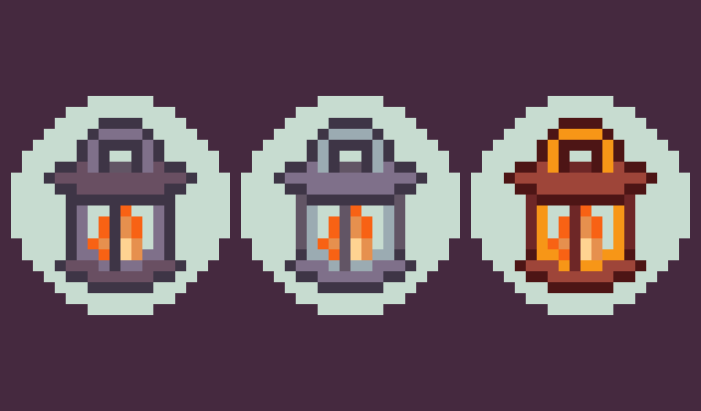 MoonroofStudios's tweet photo. Three lanterns to help you ascend the mountain - stone, iron, and gold. Gold is strangely useful in video games, ya know? Like, when in real life would you prefer a golden pickax to an iron one? #videogamelogic #indiedev #gamedev #pixelart https://t.co/Ypm4tWsq37