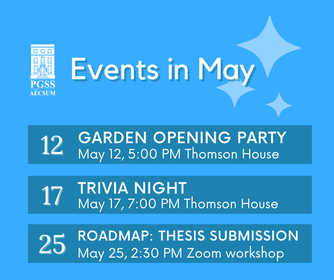 GrssPgss's tweet photo. Lots of events, both social and informative, are continuing throughout May at PGSS!
Thursday, May 12: Community Garden Opening Party*
Tuesday, May 17: Trivia Night - Prizes for the winning team
Wednesday, May 25: Roadmap to Successful Thesis Submission
https://t.co/dp09TxsTAx https://t.co/xZdTbv74y5