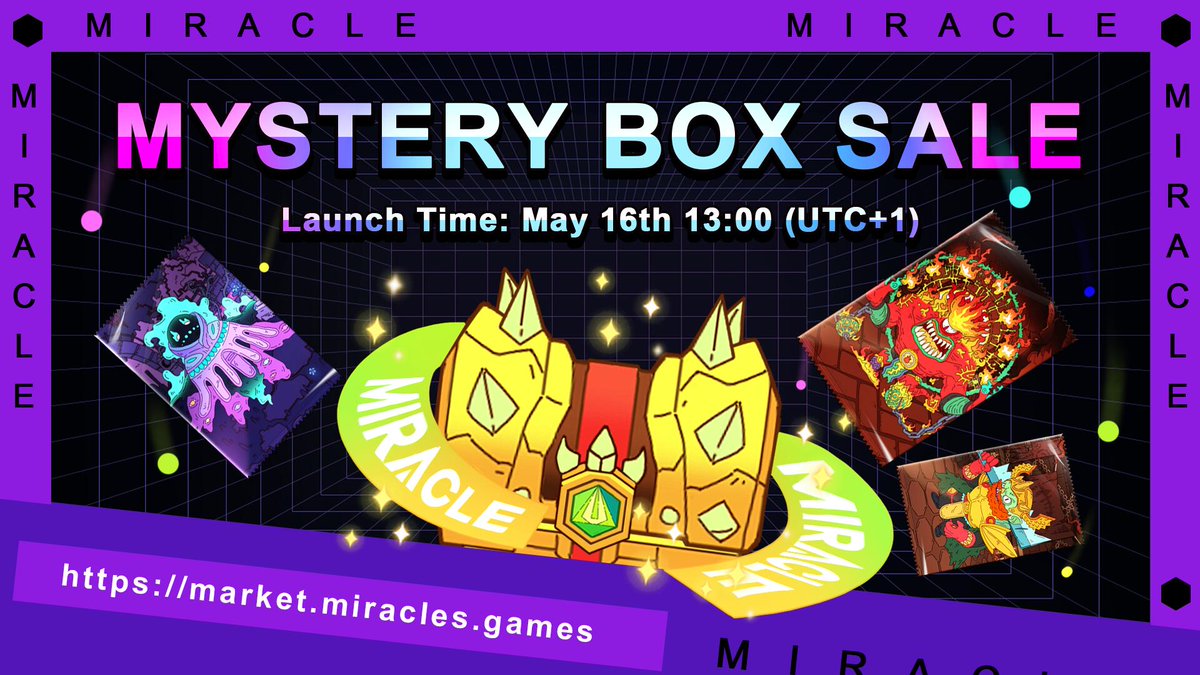 0xMiracleGame's tweet photo. Limited 2000 NFT Mystery Boxes are available to buy on our own marketplace!
📅Start time: May 16th, 13:00 (UTC+1) 
💸Price: $60 in MU
🔗Venue: https://t.co/ocn0mLBQyy
No purchase limit per user.

GIVEAWAY NFT Mystery Boxes to 2 lucky winners:
✅Follow, like &amp; RT❤️
✅Tag 3 Friends https://t.co/a1lwhcYpKP