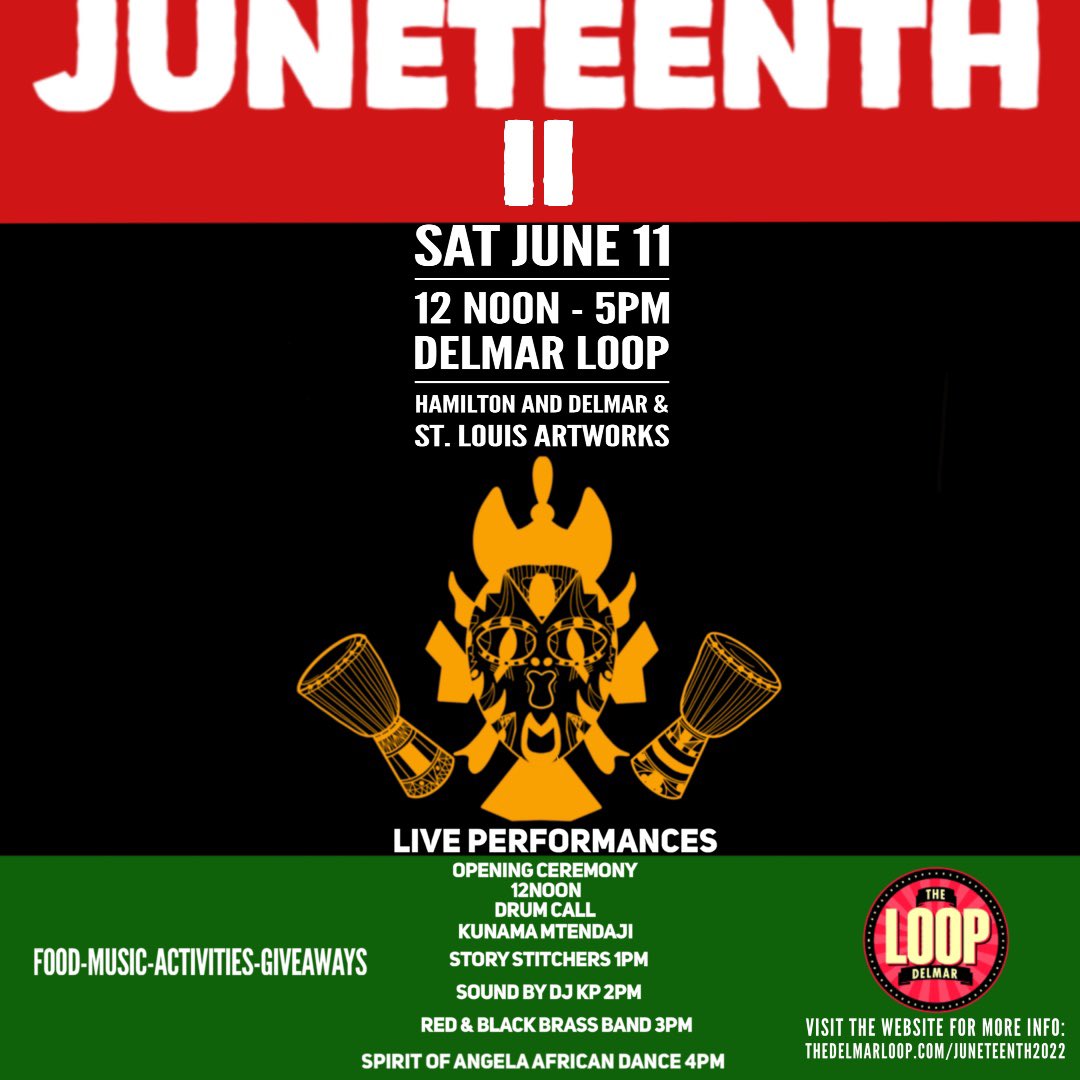 thetruetrifecta's tweet photo. It’s time for a JUNETEENTH KICK OFF❤️🖤💚!

Come and Celebrate with us on 
Sat June 11 from 12pm -5pm at 5800 Block of @delmarloop Delamr / Hamilton and St. Louis Artworks. 

We will have live performances, live art, food, activities, face painting, giveaways, and more. https://t.co/SU5xJ7gRIn
