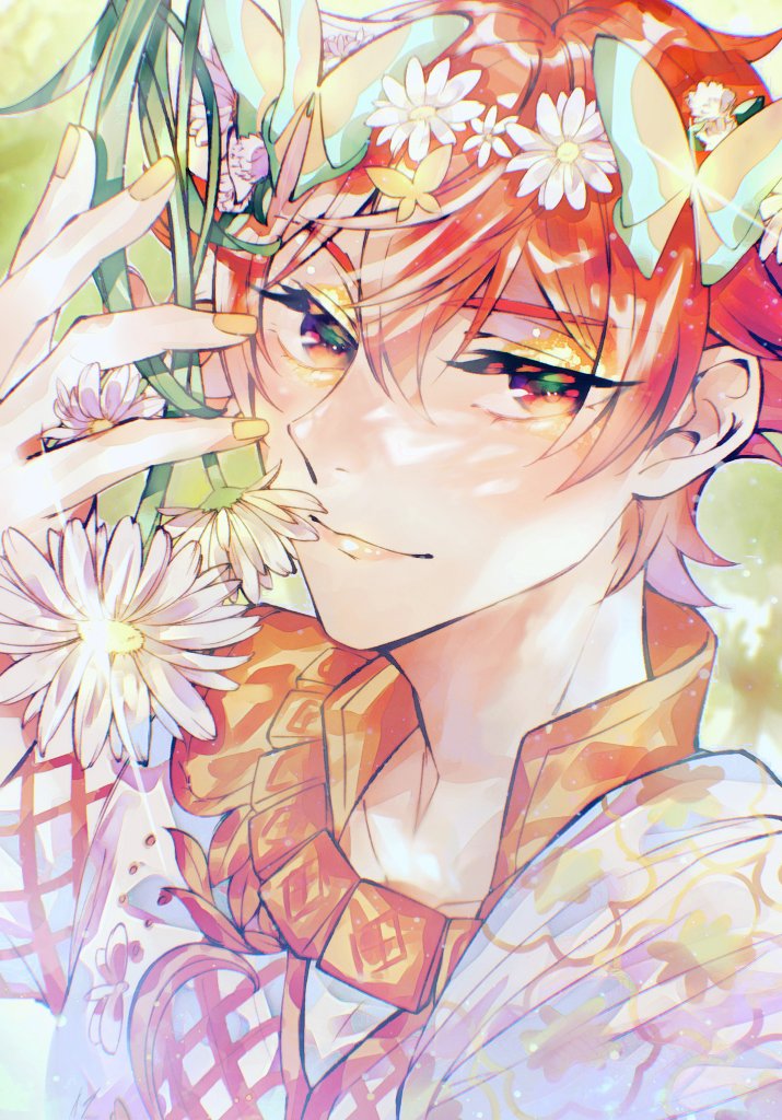 1boy male focus flower solo red hair smile looking at viewer  illustration images