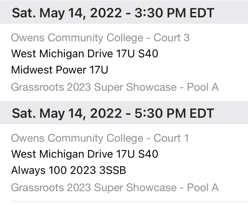 WMD2023Copeland's tweet photo. Here is our schedule for the @Grassrootstourn Queen of the Rock tournament today! @Drivebball1 @LBInsider https://t.co/5ASdUKUjJp
