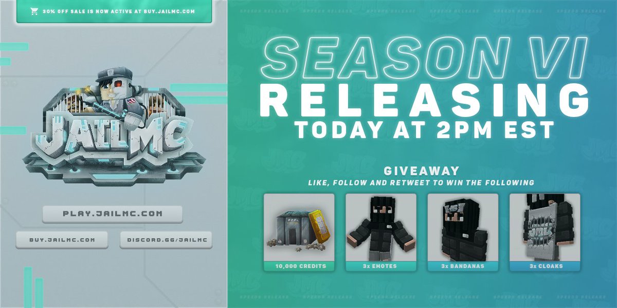 OP Prison Season VI release will take place Today at 2PM EST!

GIVEAWAY⤵️
• 3x 10,000 Credits
• 3x Lunar Cloaks
• 3x Lunar Emotes

Simply Retweet, Follow 
<a href="/JailMCPrison/">JailMC</a>
, and comment IGN!

IP: play.jailmc.com
Discord: discord.gg/jailmc