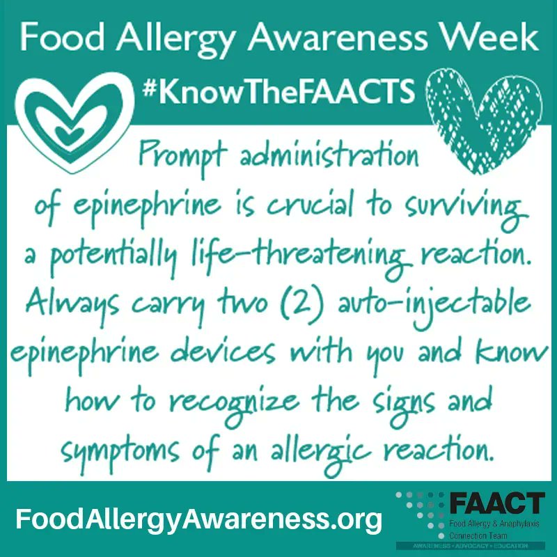Prompt administration of #epinephrine is crucial to surviving a potentially life-threating #reaction.

buff.ly/3ux7Wfj

#FAACT #FAAW #FAAM #FoodAllergyAwarenessWeek #FoodAllergy #FoodAllergies #Anaphylaxis #EpiFirstEpiFast #ShareTheFAACTs #KnowTheFAACTs #OurTealWayOfLife