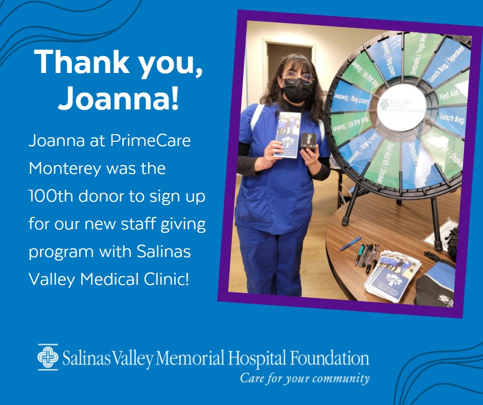 SVHealthFnd's tweet photo. We recently launched a staff giving program for employees of Salinas Valley Medical Clinic and yesterday we welcomed our 100th donor! Thank you for giving, Joanna!
#CareForYourCommunity #SVMC #Donor #Giving #PrimeCare #Monterey #SVMHS #SVMHFoundation https://t.co/5ZEfwqbm9D