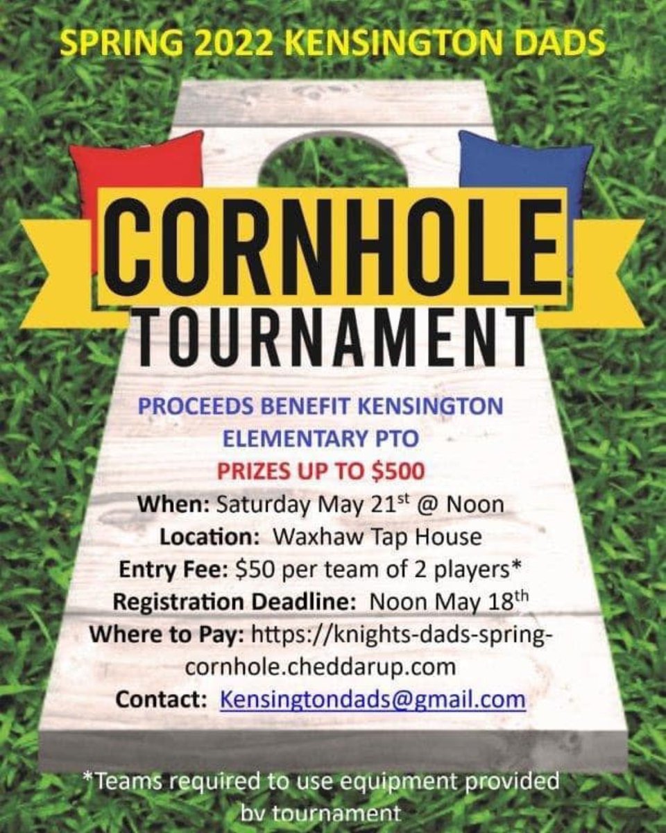 KensingtonESNC's tweet photo. Our @KensingtonKnightDads are hosting a cornhole tournament for fun, community, and a few prizes! Come out and enjoy the weather, camaraderie, and some friendly competition.
#KESKnights #KESTogether
@AGHoulihan @UCPSNC https://t.co/iBzLqmvAnq