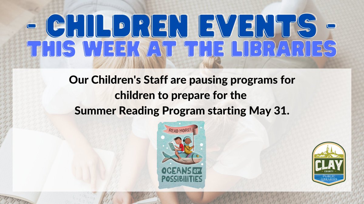 ClayLibrary's tweet image. Check out these events happening this week at your local Clay County Libraries. 
#ClayCoLibrary