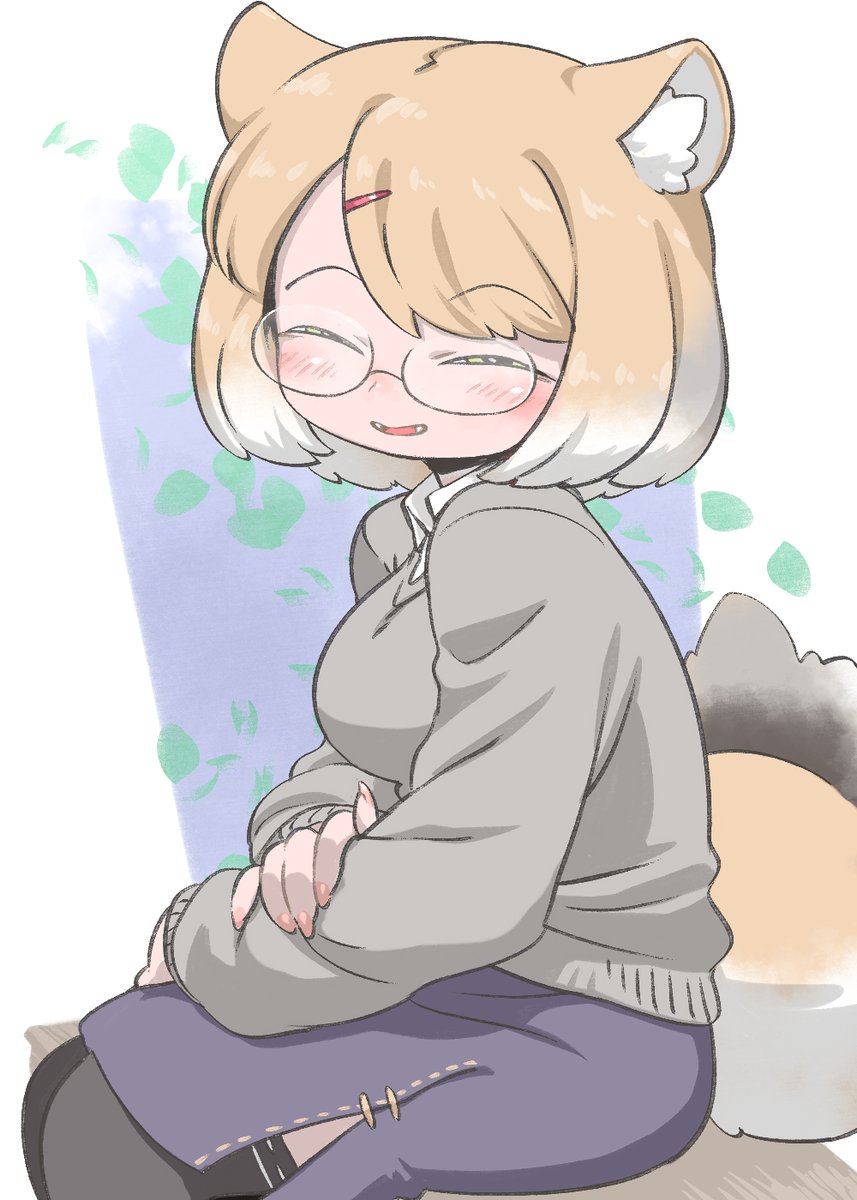 1girl solo animal ears glasses tail fox tail sweater  illustration images