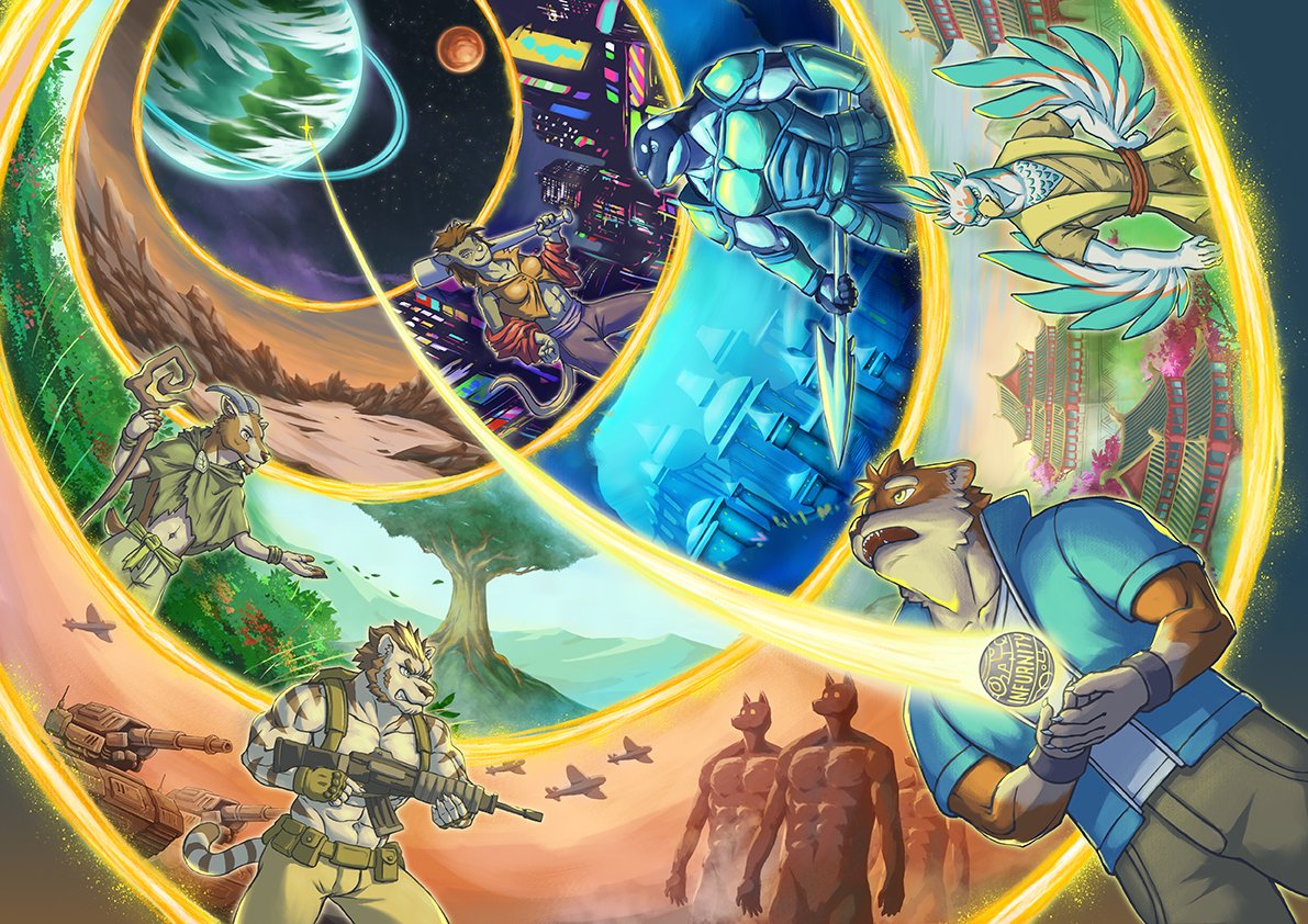 2022 Infurnity Art
這次的主題是多元宇宙，圖的內容是主角使用刻有INFURNITY的神秘圓石，在天空開啟了通往各個世界的門，看到各種獸人在守護自己的世界。
這張圖是我目前畫過最複雜的，所以花了很長時間，希望大家喜歡，也期待大家參與今年的獸無限活動~

#Infurnity2022
infurnity.com