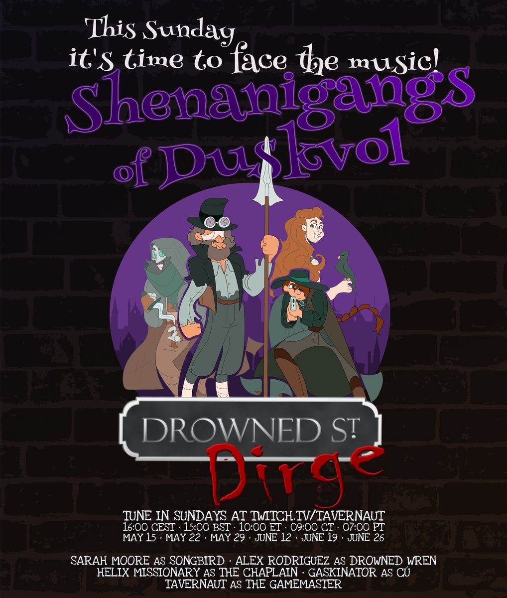 "This Sunday, it's time to face the music!"
Tune in Sunday at 16:00 CEST for the first of six games of Shenanigangs of Duskvol! Watch <a href="/SMooreAD/">Sarah (she/her) 🇨🇦 ♠</a>, <a href="/uncle_andross/">alex, you say?</a>, <a href="/HelixMissionary/">Helix Missionary | New Recipe, Same Great Flavor</a>, and <a href="/Gaskinator3000/">Gas</a> make the city's streets unsafe in this Blades in the Dark #actualplay!
#ttrpg