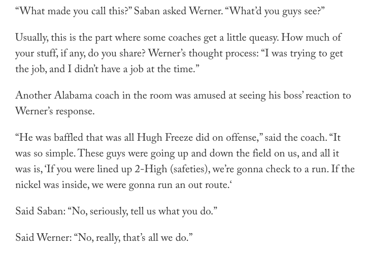 CoachRfootball's tweet photo. Saban interviewed former Ole Miss OC Dan Werner and pulled up the 2015 game where Ole Miss beat Alabama and started asking him a bunch of questions about how they did it.  He couldn't believe how simple their offense was.  This article is awesome
https://t.co/OltpDoakj1 https://t.co/kIOq3A6ec5