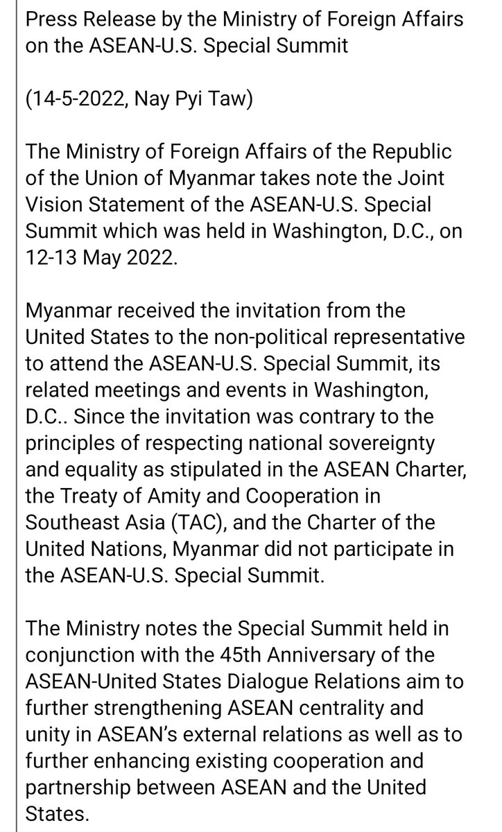 MayWongST's tweet photo. #Myanmar #military upset the May 12-13 @ASEAN-#US summit's concluding statement highlighted Myanmar despite army's objection to include it. Accuses leaders of "interference in domestic affairs". #WhatsHappeningInMyanmar 1/2 https://t.co/732YbNyaVw