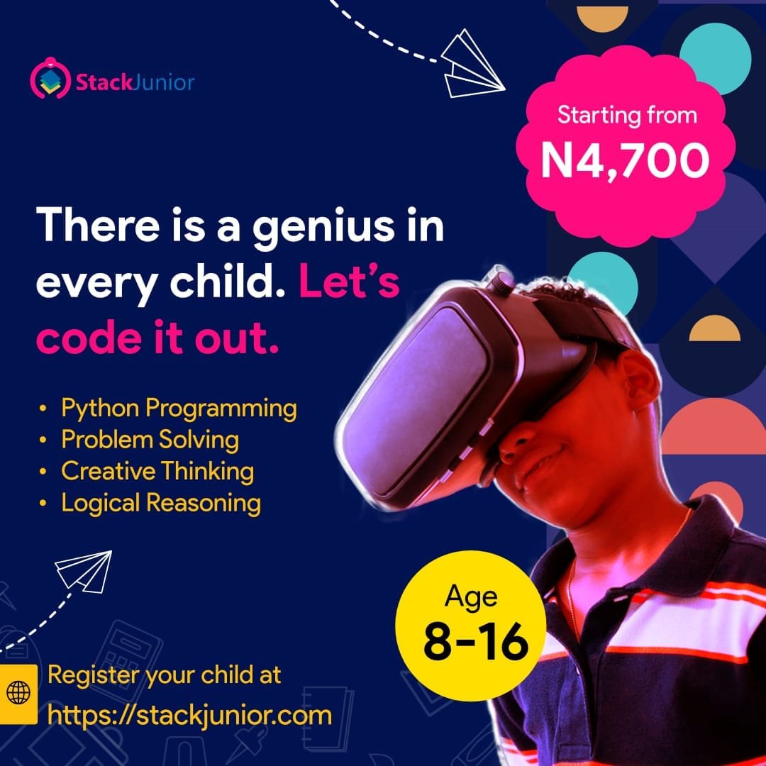 Prepare Your Kids for the Future!!!

Give them the chance to acquire Tech skills such as programming, software development, machine learning e.t.c. in a fun and enjoyable way!

Click below to get started:
>>> stackjunior.com
