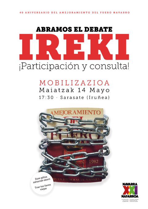 BakartxoR's tweet photo. #IREKI dezagun eztabaida. Bada garaia!
40 años de Amejoramiento y sin derecho a decidir. Empecemos a construir la Nafarroa del siglo XXI.
🔑🔑🔑 17.30etan Sarasaten izanen gara. https://t.co/Kxewk5DPAl