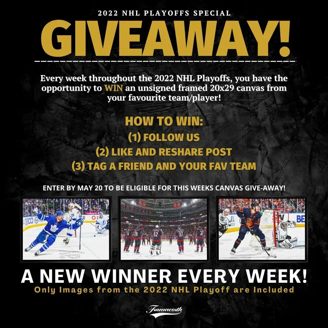 FrameworthSport's tweet image. ⚡️GIVEAWAY TIME!⚡️

To celebrate the #2022NHLPlayoffs, we are rewarding one lucky winner EVERY WEEK with an unsigned framed 20x29 canvas from their fav team/player!

HOW TO ENTER
1) Follow us - @FrameworthSport
2) Like + retweet post
3) Tag a friend + fav team

#GIVEAWAY #NHL
