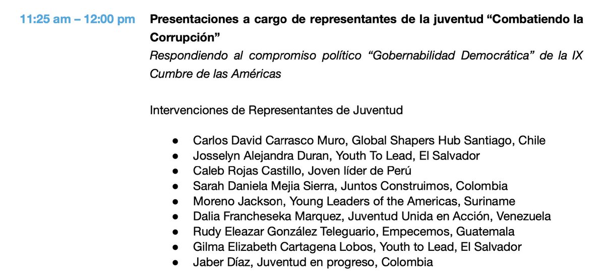 No dejen de conectarse este lunes al Diálogo Hemisférico del VI Foro de Jóvenes de las Américas organizado por <a href="/YABTs/">Young Americas Business Trust (YABT)</a> Como <a href="/GlobalShapers/">Global Shapers</a> 🇨🇱estaré hablando de gobernabilidad democrática desde la perspectivas de las juventudes y el combate a la corrupción👇🏾 us02web.zoom.us/webinar/regist…