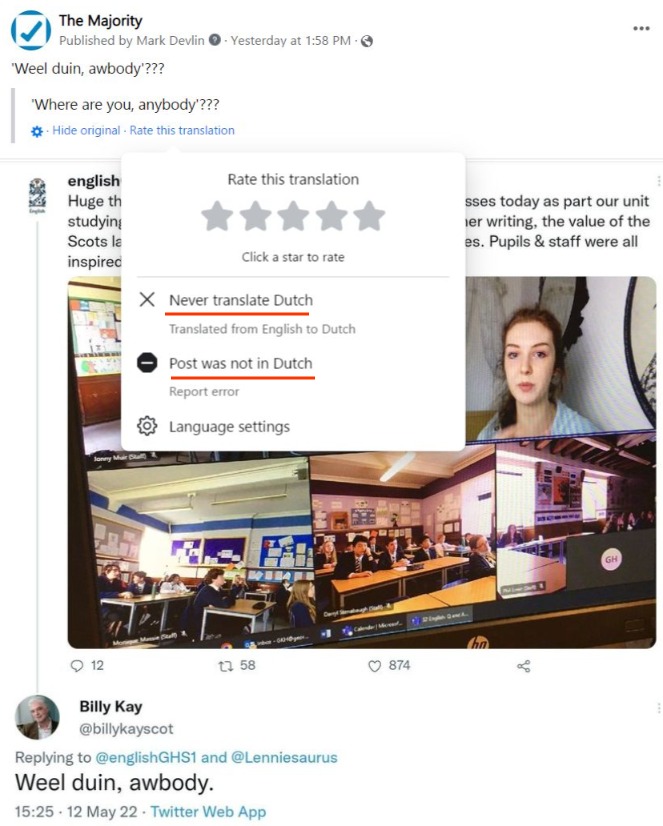 themajorityscot's tweet photo. Even Google can't translate Billy's fake Scots #NotALanguage https://t.co/b6ZA0mQBGc