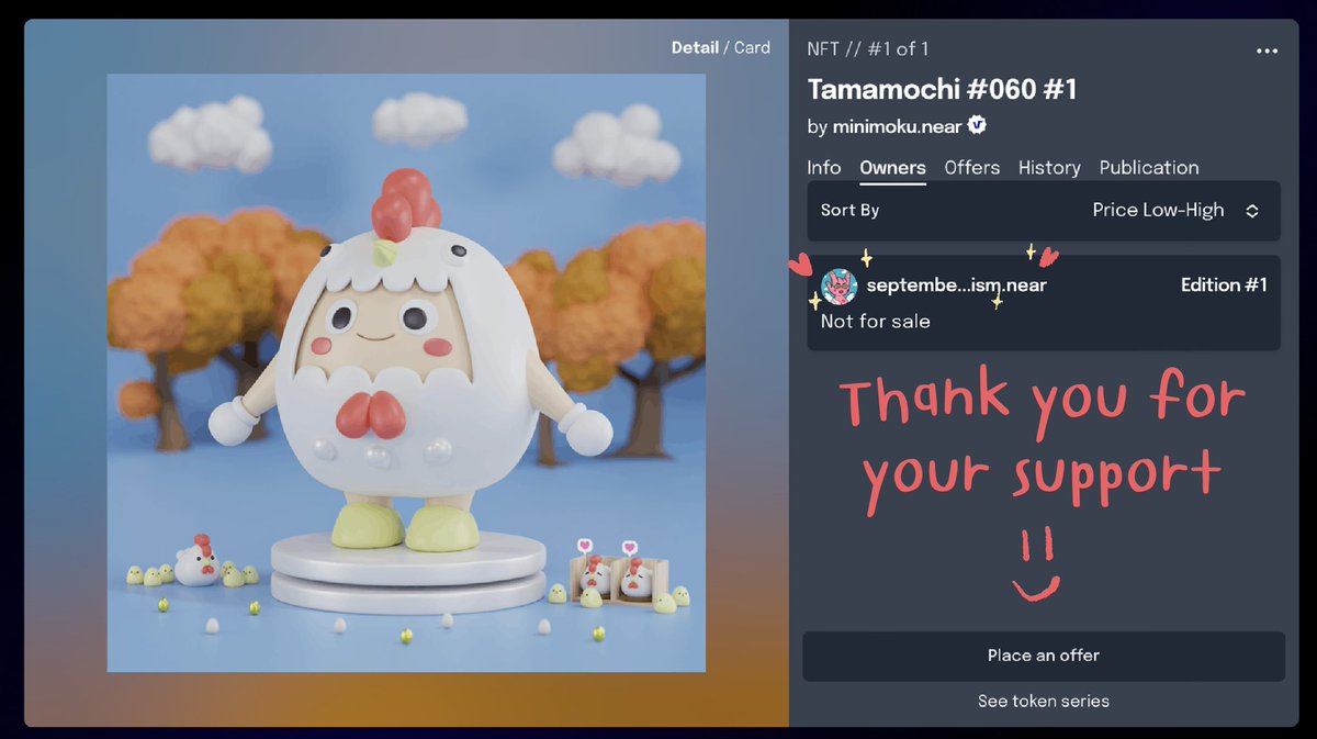 Thank you so much for your support ❤️

<a href="/_septemberism_/">Septemberism 92🗝 • NFT</a> ขอบคุณคุณแน็ตคนเดิม เพิ่มเติมคือกดงานอีกแล้วค่า น้องไก่ตัวนี้ได้แรงบันดาลใจมาจากในฟาร์มฮาร์เวสมูนค่ะ 🐣

ร่วมสนุกกับกิจกรรมเลี้ยงสัตว์ในดิสคอร์ดของคุณแน็ตได้นะคะ เลี้ยงน้องลุ้นรับ giveaway ด้วยค่า discord.com/invite/gnFEjEC…