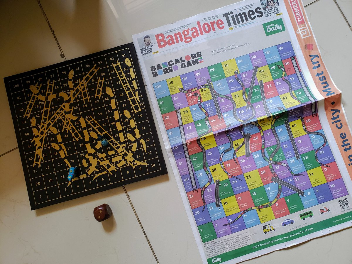 zhao_shirley's tweet photo. My kiddo loved today's @BangaloreTimes1 @DunzoIt ad:  #SnakesAndLadders #BoredGame #BoardGame! He and his friends played through it a few times and then spent forever just rolling the virtual die 🤣 
https://t.co/BQJFquxFTy

Lots of great ideas for exploring #Bangalore! https://t.co/kDyusKMfeb