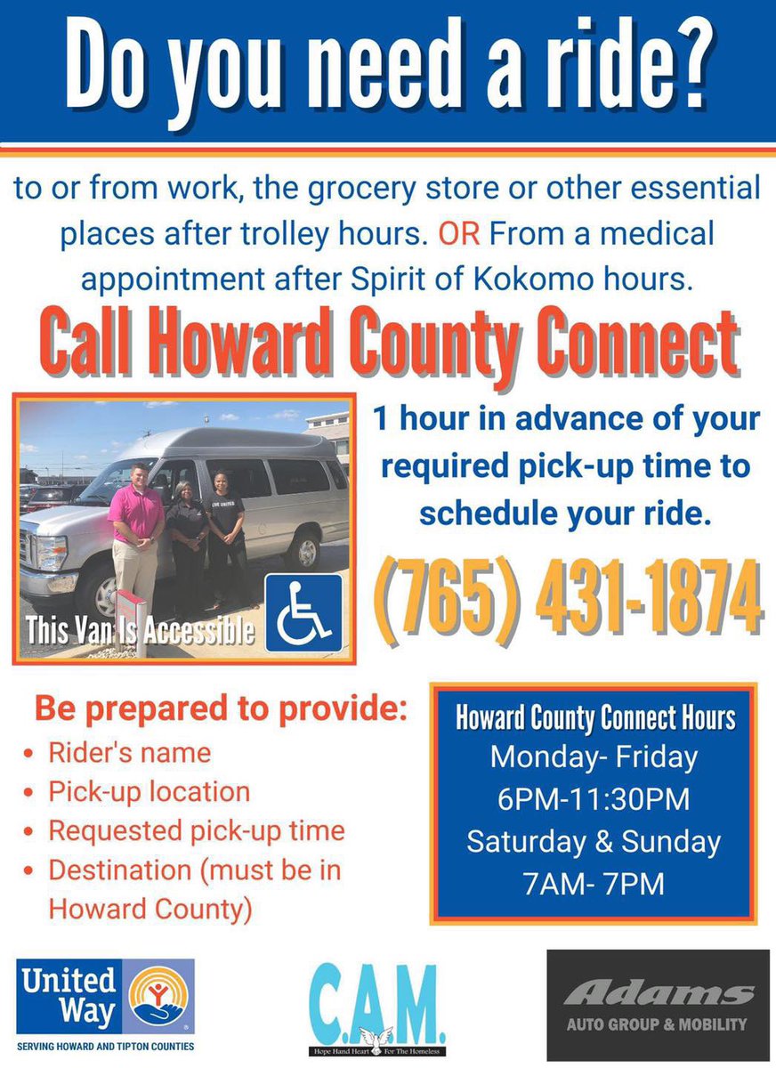 unitedwayhoco's tweet photo. Need a ride? Connect with #HowardCountyConnect

Howard County Connect is open for rides again this weekend! Learn more here: https://t.co/dGtjZ6zm2X…

#LiveUnited #BetterTogether #YouGiveHope https://t.co/rerCYpJ2dB