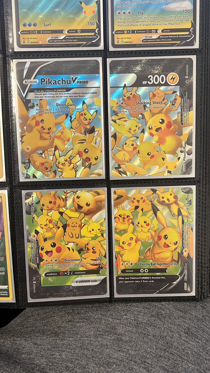 alexandstuffz's tweet photo. I finally completed the #PokemonTCG celebrations set and it was a blast. My inner child is overjoyed. Pic includes some of my favorite pikachu art. How can you not like the bottom left pikachu??? https://t.co/JOn6BN9C0a