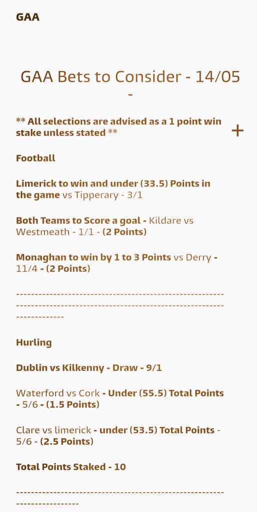 Our selections for this weekend's #gaa action ☘️☘️🤝

We have 3 selections each from both the #hurling and football #Championship 😎

#gaabeo #rtegaa #skysportsgaa #kilkenny #dublingaa #monaghan #Limerick #gaabelong #clare