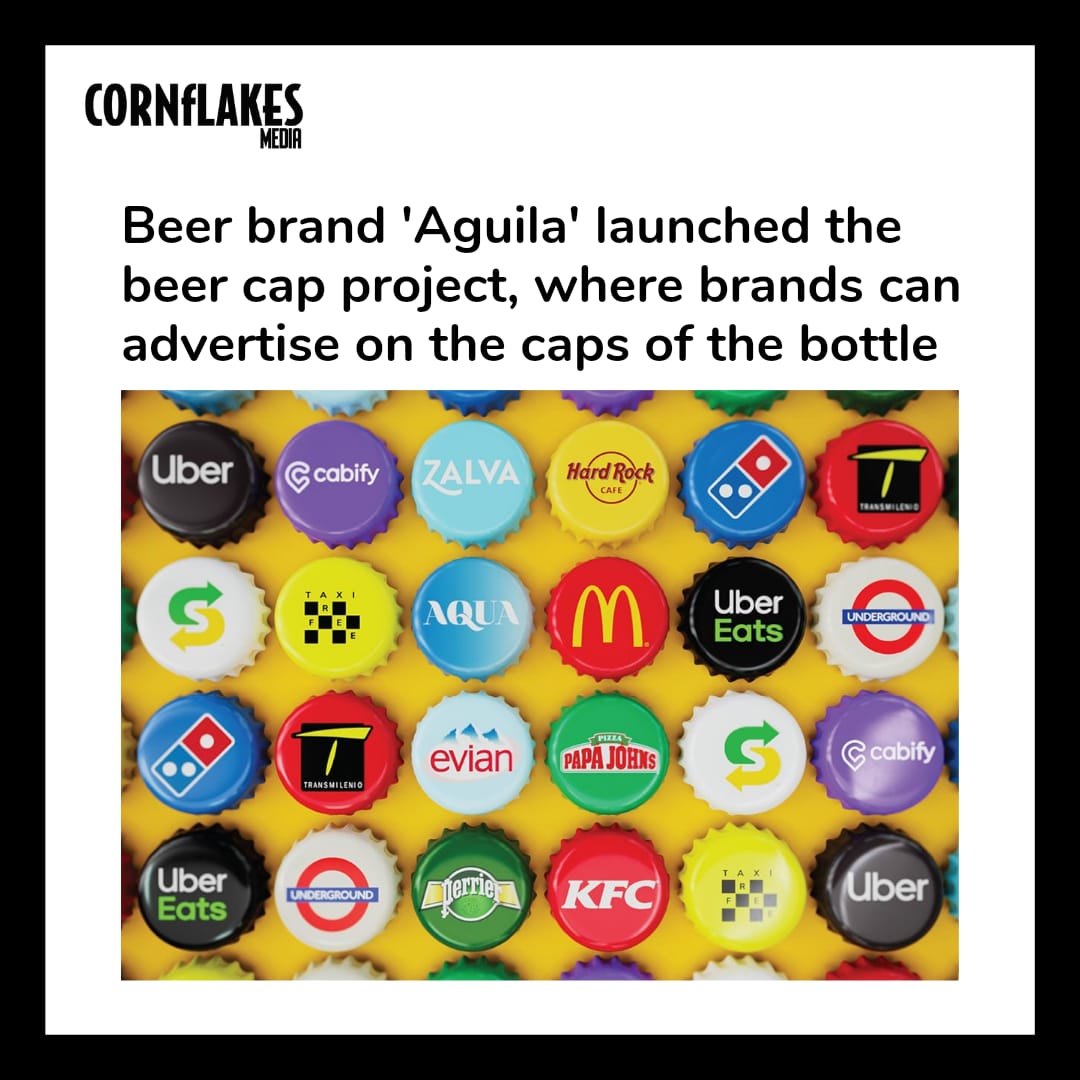 CornflakesMedia's tweet photo. Beer brand 'Aguila' launched a beer cap project, which is letting brands like uber eats, the Hard rock Cafe, uber, cabify put their own branded caps on the bottle of Aguila. https://t.co/CTcuGm7ngE