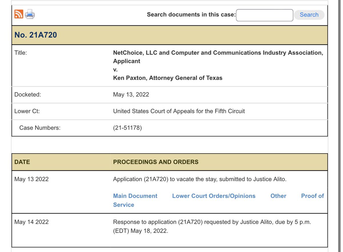 steve_vladeck's tweet photo. Justice Alito has ordered Texas to respond to the emergency application in the HB20 / social media platform moderation case by Wednesday at 5 p.m. EDT.

That’s not as fast as I would’ve expected, but it’s still faster than if he was signaling a lack of concern: https://t.co/bM6cGdtnxI