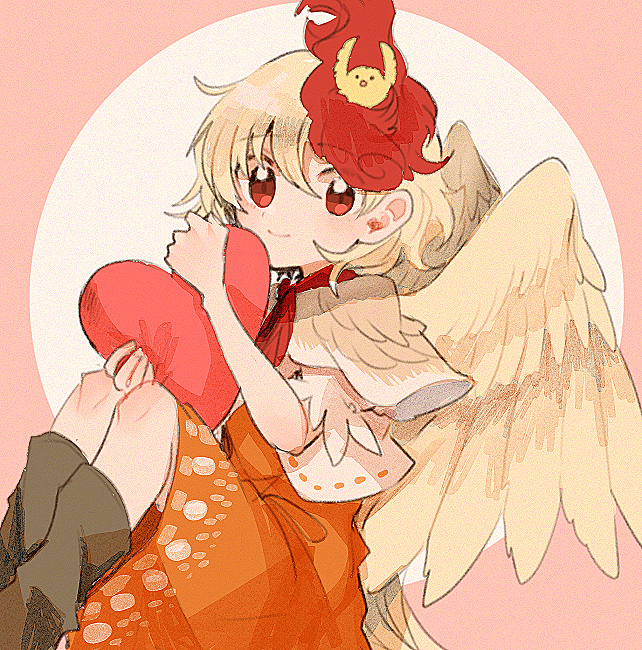 niwatari kutaka 1girl chick blonde hair wings red eyes bird animal on head  illustration images