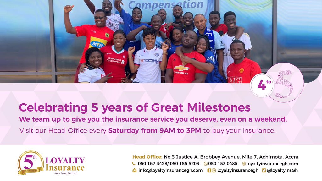 PulseGhana's tweet photo. We are celebrating 5 years of great milestones! Join @LoyaltyinsGh family to enjoy the best insurance experience!

#FeatureByPulse #fourtofive! #Loyaltyinsurancegh https://t.co/A7FX3HG3Oy