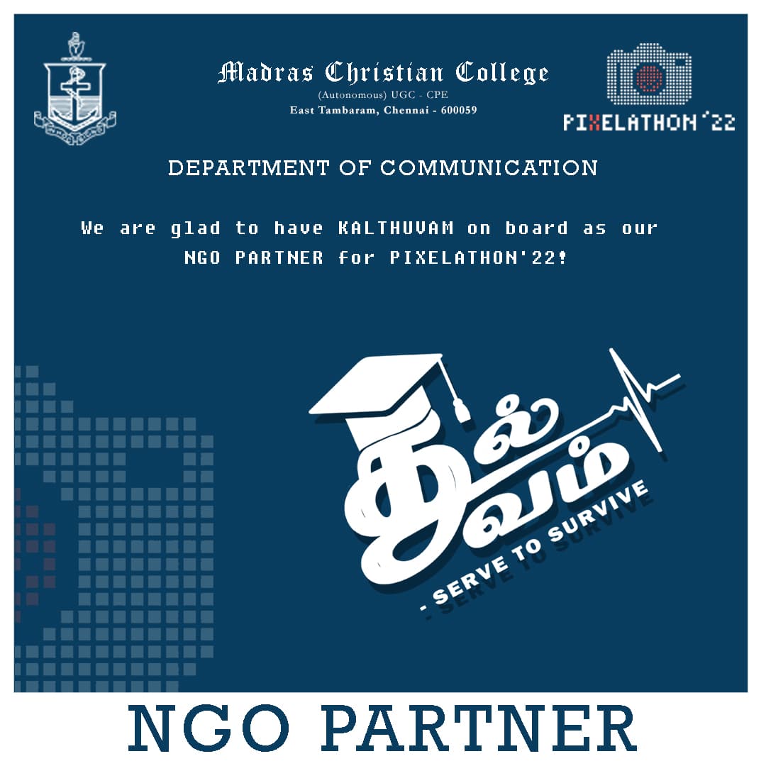 pixelathonmcc's tweet photo. We are glad to have KALTHUVAM on board as our NGO PARTNER for Pixelathon'22
.
.
#pixelathon #pixelathon22 #departmentofcommunicationmcc #communicationmcc #madraschristiancollege #mcc #photographycontest #photoexhibition #photography #ngopartner #kalthuvam #comingsoon #StayTuned https://t.co/Ip3H1hekip