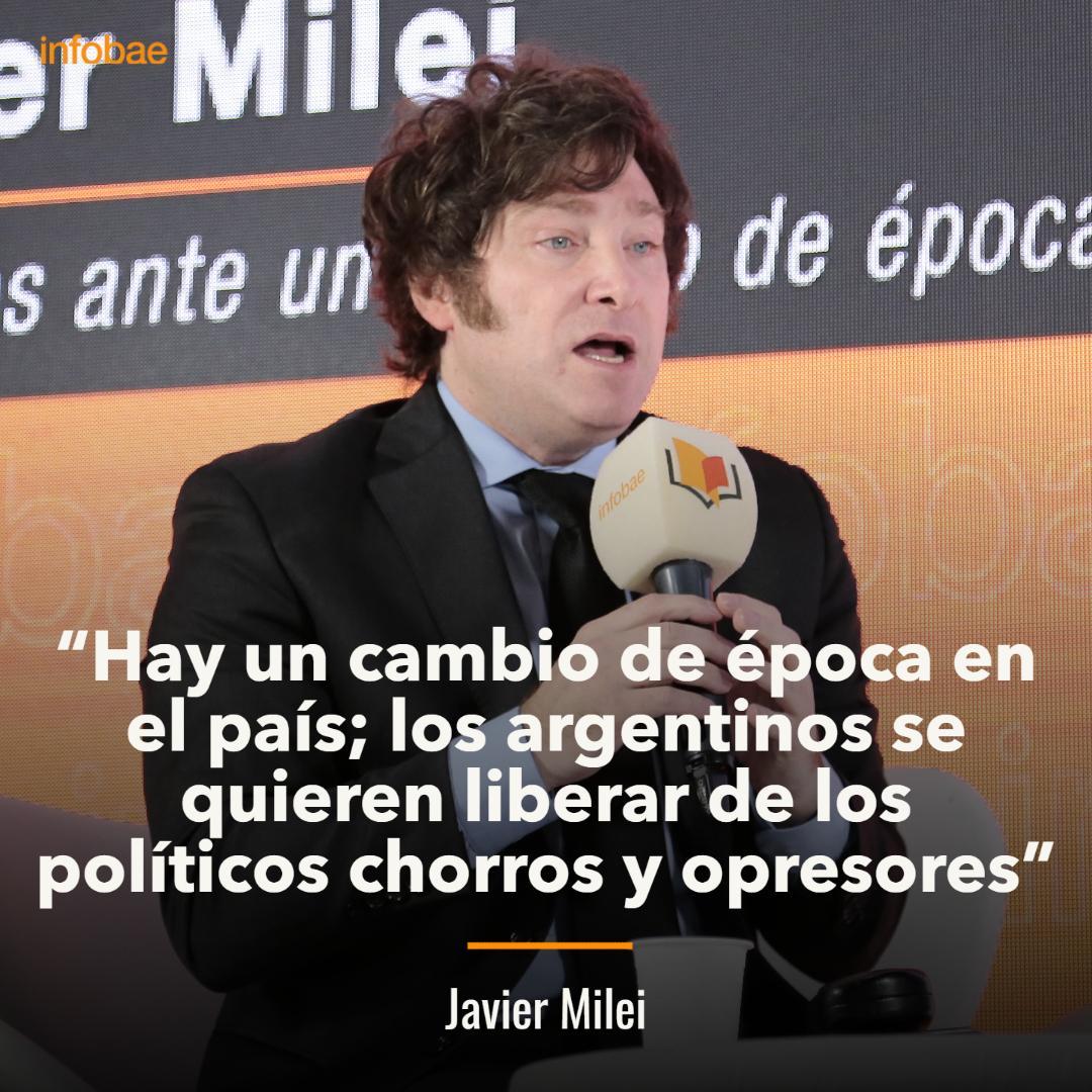 infobae's tweet photo. Javier Milei: “Hay un cambio de época en el país; los argentinos se quieren liberar de los políticos chorros y opresores” https://t.co/5PaFQQMmBI https://t.co/bOtyJoIwiM