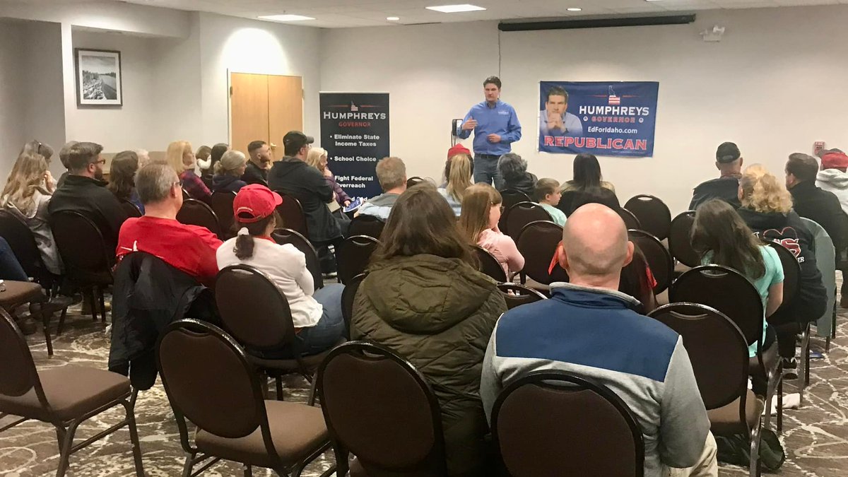 EdForIdaho's tweet photo. Another 20+ hour day. In the last 5 days we’ve done 18 town-halls across East Idaho!!! My team is hands down the most incredible group of people I’ve ever known. They continue to make calls and texts while I answer questions from the audience. https://t.co/avbkUwdMnH