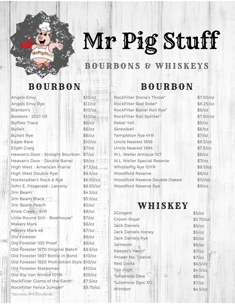 Bourbon and BBQ = Happy Saturday!

We're open from Noon - 8:00 today.

Order Online: mrpigstuff.com/order
