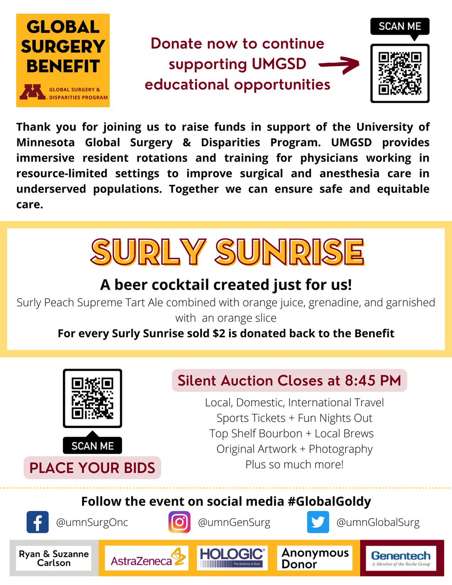 UMN Global Surgery and Disparities (@umnglobalsurg) on Twitter photo The Global Surgery Benefit is TONIGHT! Come get yourself a Surly Sunrise, listen to live music, eat great food, and raise funds for the UMGSD program!
med.umn.edu/surgery/global…
<a href="/UMNSurgOnc/">UMN Surg Onc</a> <a href="/UMNSurgery/">UMN Surgery</a> #Surly #GlobalGoldy The Global Surgery Benefit is TONIGHT! Come get yourself a Surly Sunrise, listen to live music, eat great food, and raise funds for the UMGSD program!
med.umn.edu/surgery/global…
<a href="/UMNSurgOnc/">UMN Surg Onc</a> <a href="/UMNSurgery/">UMN Surgery</a> #Surly #GlobalGoldy
