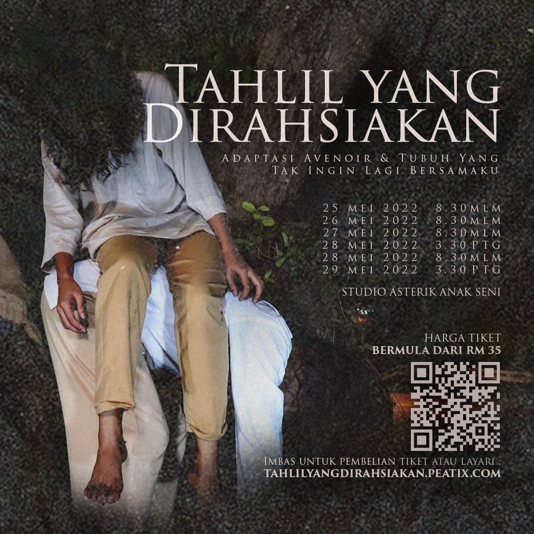 Selamat hujung minggu, semua.

TAHLIL YANG DIRAHSIAKAN — sebuah adaptasi persembahan fizikal dari buku puisi <a href="/apihusien/">P</a> dan <a href="/ivyikari/">Cahaya Jais</a> — akan berlangsung selama 25-29hb Mei, dan kami ingin berkongsi 2 TIKET PERCUMA bagi setiap sesi kepada 12 pembaca <a href="/kolekbuku/">kolekbuku</a> yang berminat.

1/4