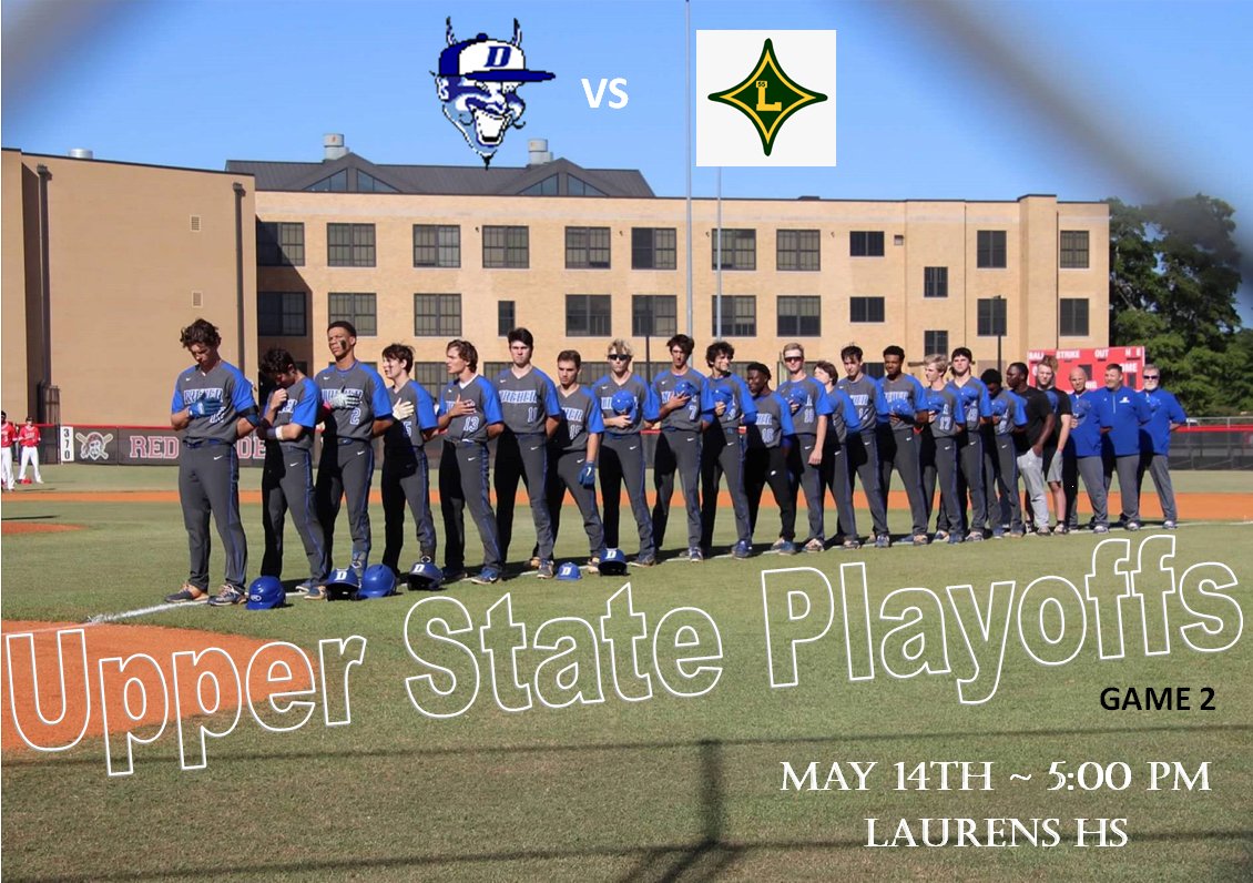 DreherBaseball's tweet photo. 🔵⚾️𝕀𝕋'𝕊 𝔾𝔸𝕄𝔼 𝔻𝔸𝕐⚾️🔵
Blue Devils travel to Laurens HS today for game 2 of the Upper State Playoffs. Let's Go Devils!! #WinTheNext
@dreherathletics @dreherbooster 
🆚 Laurens HS
📆 May 14th
⏰ 5:00 pm
🏟 5058 US HWY 76, 
       Laurens, SC https://t.co/X9J1htmyj7