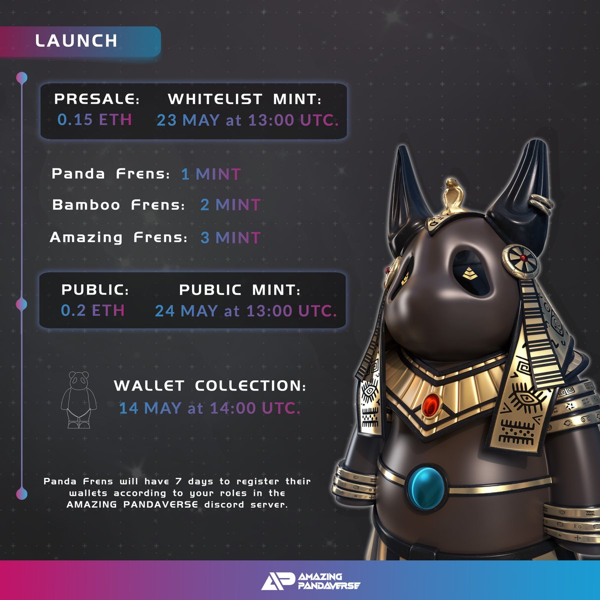 AMAZING_PNDV's tweet photo. All Whitelisted Pandarians can now register your wallet via Premint. Link are available on our discord!

Wallet collection will cease on 21 May, 14:00 UTC

To celebrate we are giving away 10x Panda Frens:
1️⃣ Follow @AMAZING_PNDV
2️⃣ ❤️ + 🔁 + Tag 3 Frens
3️⃣ Join our Discord https://t.co/Aep15tLdOZ