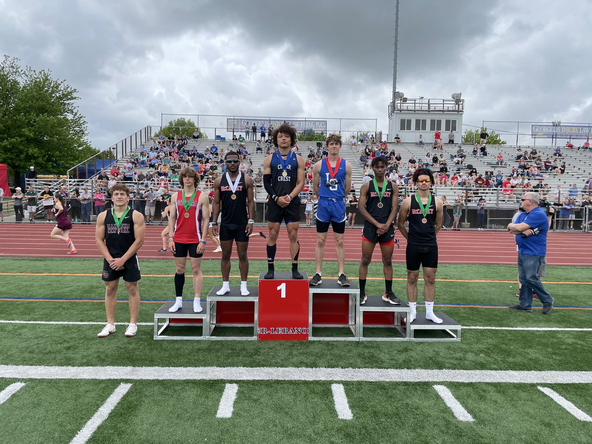 Cedar Crest’s Gabe Lewis breaks the tape first in boys 100 m dash.