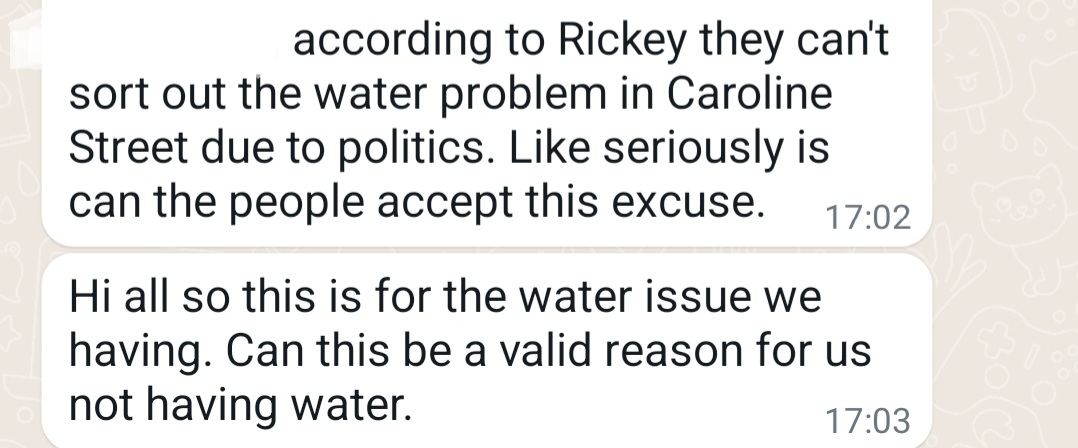 eezakie's tweet photo. For 6 months Caroline street #ward58 is without water @Cllr_Rickey says that due to politics this cannot be fixed @JHBWater what does politics have to with it @mphophalatse1 @ANCParliament @DAJhbCllrAtWork @sergio_isa where do we go if not to the cllr of ward 58? @Vascodagama1DA https://t.co/fZEahIoyoV