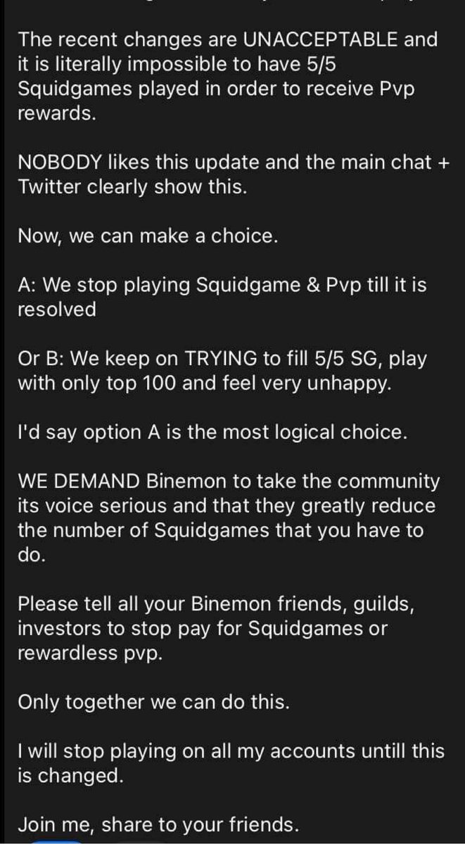 AppleArmyPH's tweet photo. @BinemonNft @AppleRFV @BinemonMP @AppleHodler Community of the binemon have spoken. All of us doesnt like the squidgame. Focus on pve and pvp to make this project successfully.. rewards must all contributed in pvp and pve..#binemon #binarmy #appleamb https://t.co/i6jB1zAx2W
