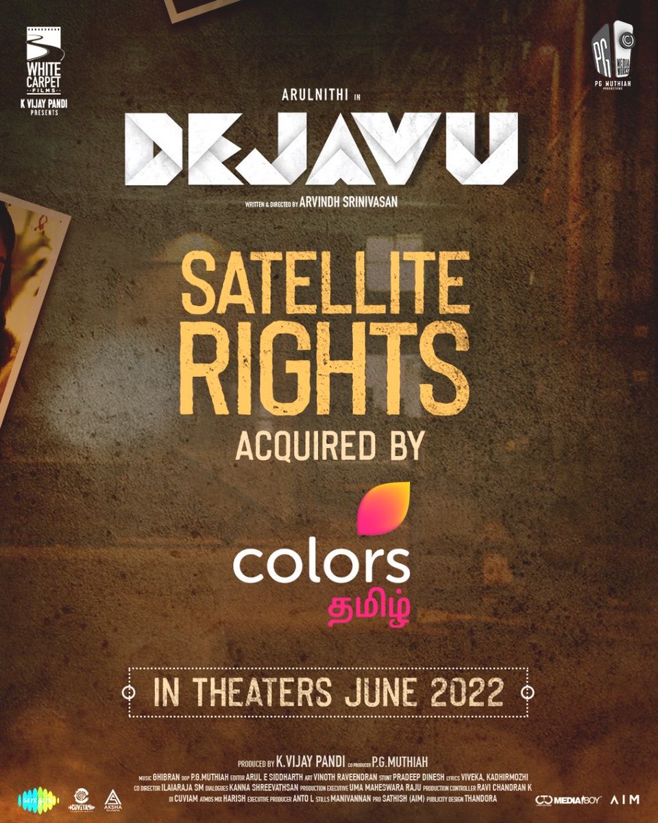 KollywudUpdate's tweet photo. #Dejavu Satellite Rights acquired by @ColorsTvTamil

In cinemas this June

@arulnithitamil @WCF2021 @vijaywcf @dirarvindh @Pgmediaworks @MuthaiahG @madhoo69 @smruthi_venkat @GhibranOfficial @editorsiddharth @actorRagavVijay  @kaaliactor @Viveka_Lyrics @saregamasouth @teamaimpr https://t.co/lAP0ijt2jJ