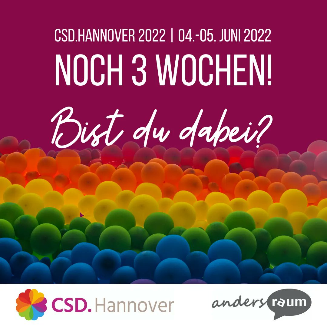 Nur noch 3 Wochen! Die Vorfreude auf den #CSDHannover 2022 wächst! 🥳

Die CSD Demo &amp; Auftaktkundgebung findet samstags statt. Außerdem ist ein Bühnenprogramm am Samstag &amp; Sonntag in Planung. Das Straßenfest findet dieses Jahr eintägig sonntags statt. 

#csd2022 #csdhannover22