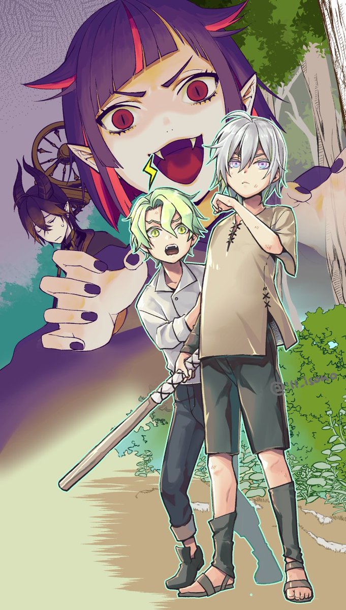 multiple boys green eyes fangs red eyes pointy ears wooden sword purple hair  illustration images